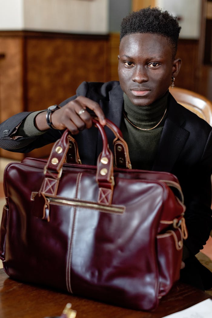 Confident man holding a sophisticated leather bag in an office setting.